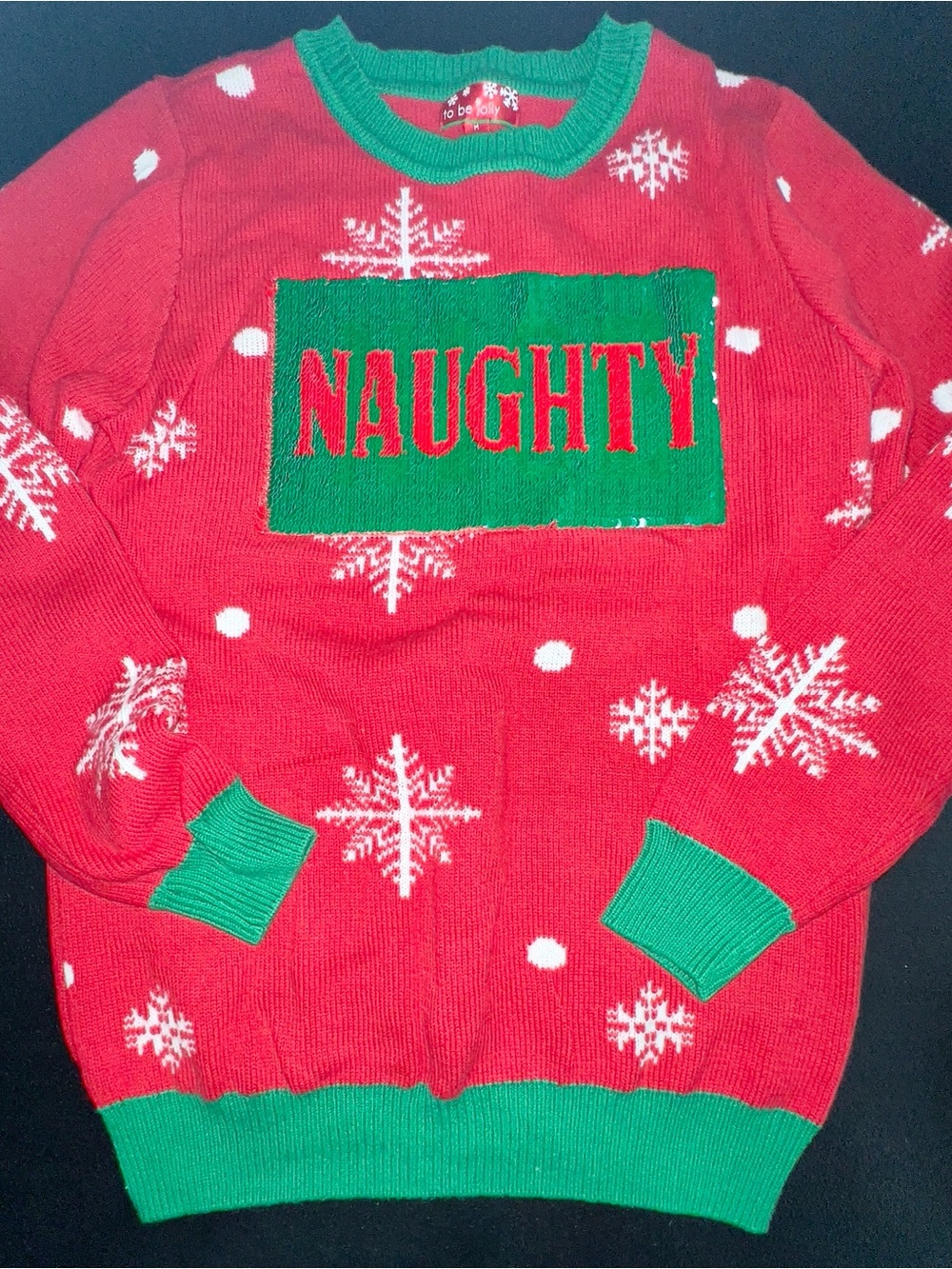 To Be Jolly Naughty Nice Sequin Red & Green Snowflakes Ugly Christmas Sweater